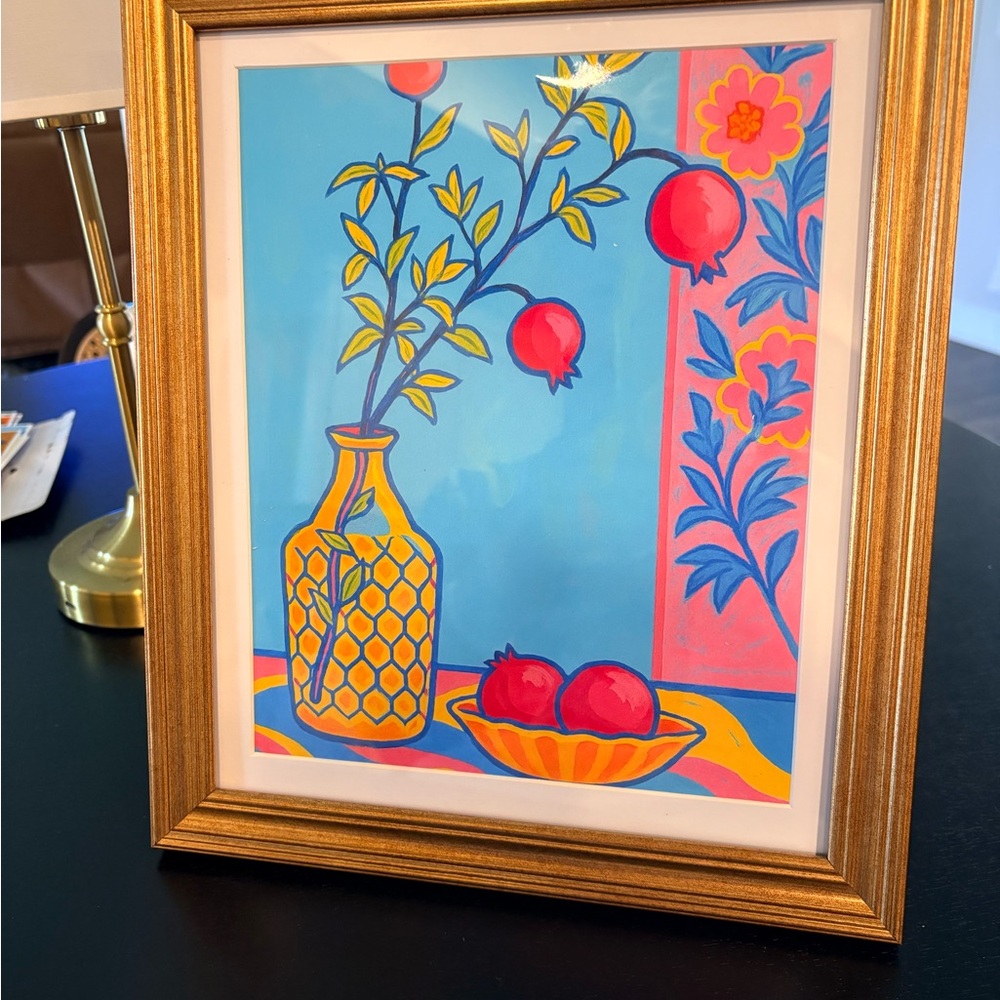 Colorful Pomegranate Floral Art Print in Gold Frame | 8x10 Folk Art Wall Decor